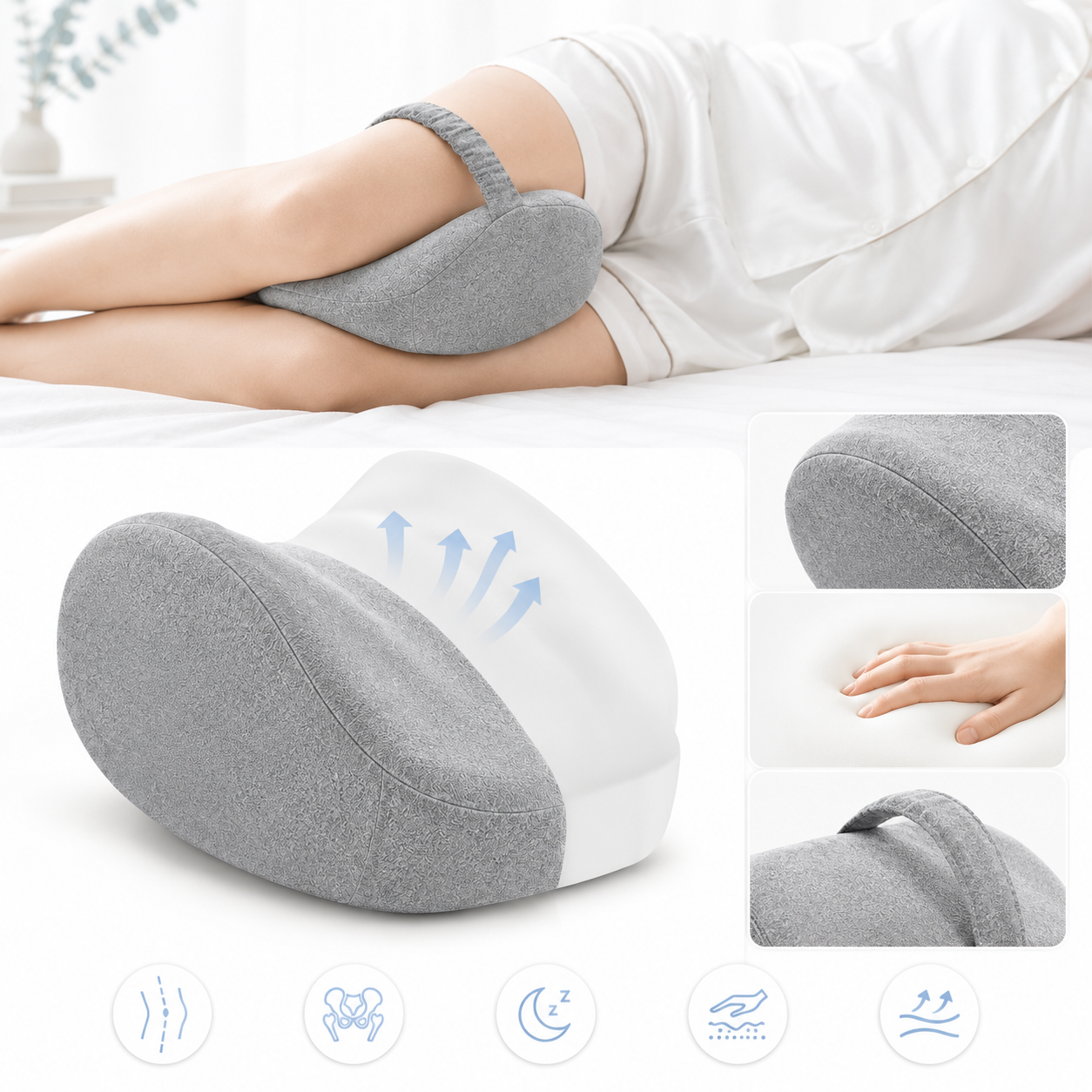 Coussin de genoux ergonomique Restelya — mousse à mémoire de forme et sangle élastique, pour dormir sur le côté