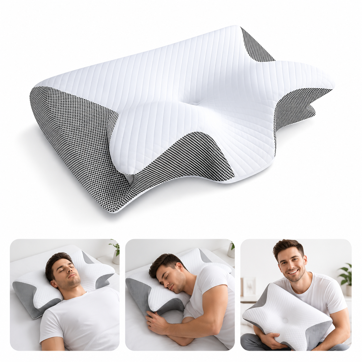 Oreiller cervical à mémoire de forme Restelya — courbe ergonomique et flancs en maille 3D rafraîchissante