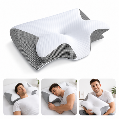Oreiller cervical à mémoire de forme Restelya — courbe ergonomique et flancs en maille 3D rafraîchissante