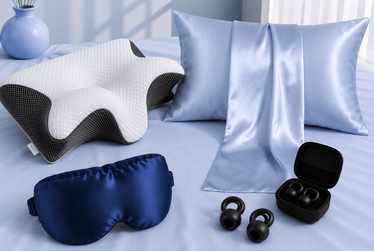 Pack Essentiel Restelya — oreiller cervical, masque de sommeil occultant, taie d'oreiller en soie et bouchons anti-bruit disposés sur un lit