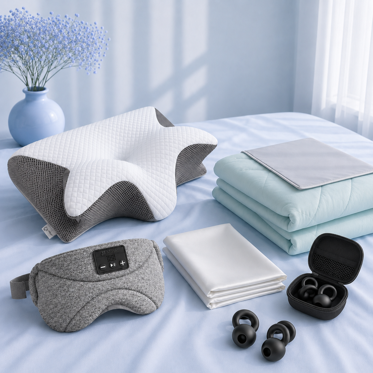 Pack Premium Restelya — oreiller cervical, couverture rafraîchissante, taie en soie, masque sonore et bouchons anti-bruit