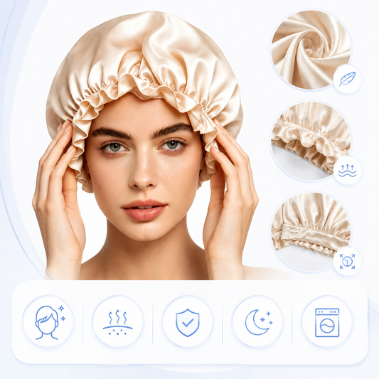Femme portant le bonnet de nuit en soie Restelya, avec détails du tissu et du bord élastiqué
